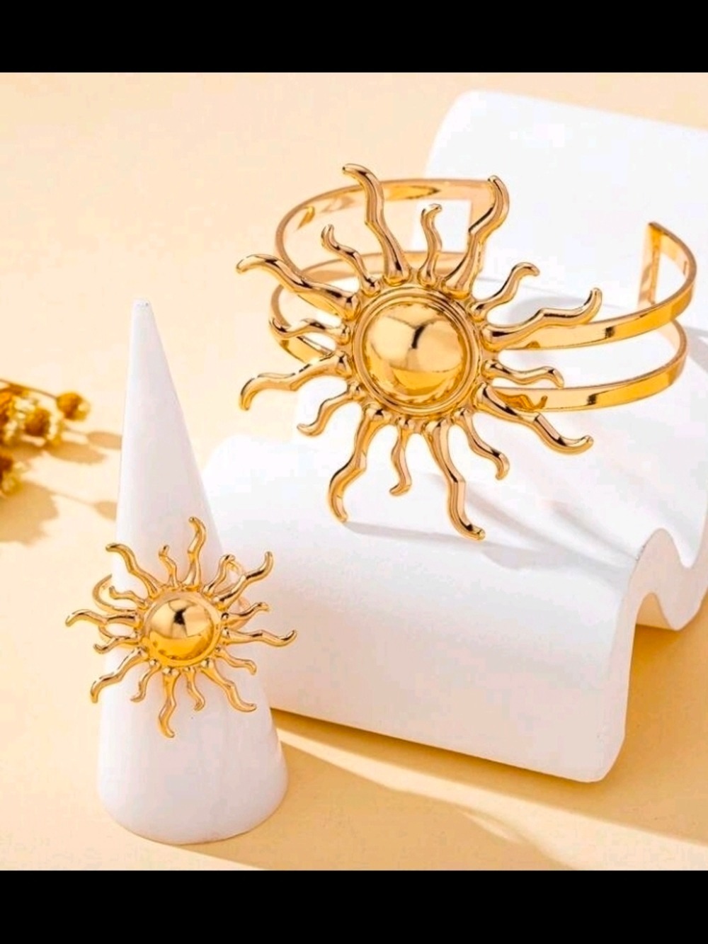 Yellow Gold Sunburst Bracelet Ring Set Women Jewelry - Picture 3 of 7